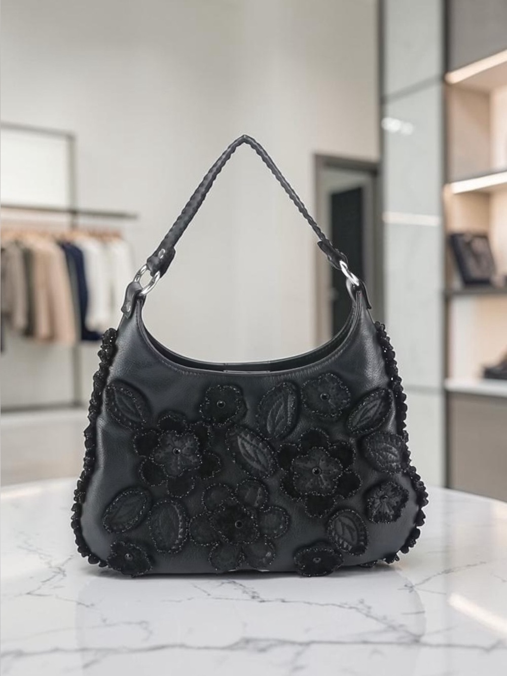 Isabella Fiore Black Floral Beaded Shoulder Bag Y2K Boho Designer Purse